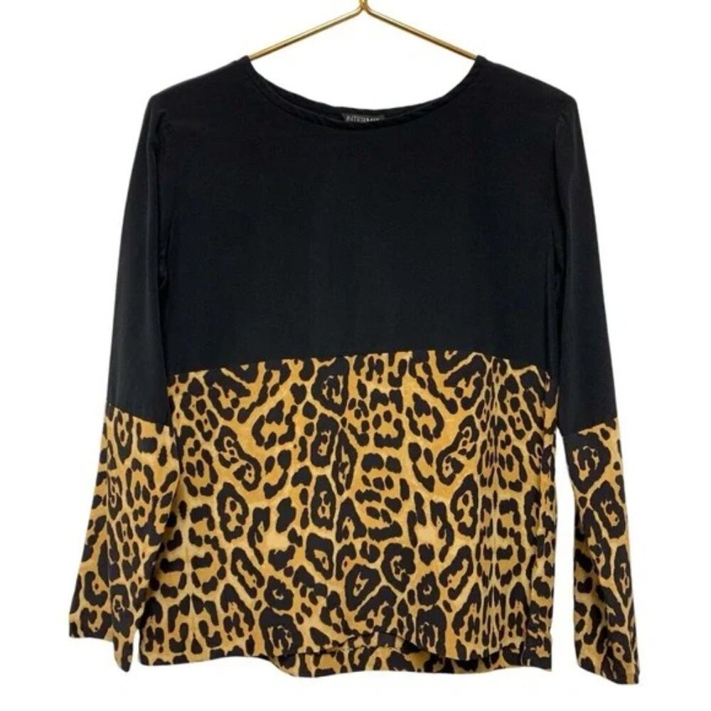 Intermix 100% Silk Blouse Top Size P XS Black and Leopard‎ Print Long Sleeve